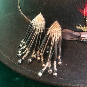 Vintage Black White beaded clip on dangle earrings